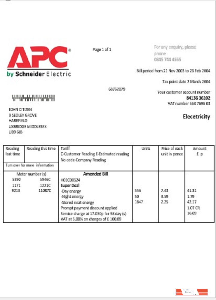United Kingdom APC electricity utility bill template in Word and PDF format